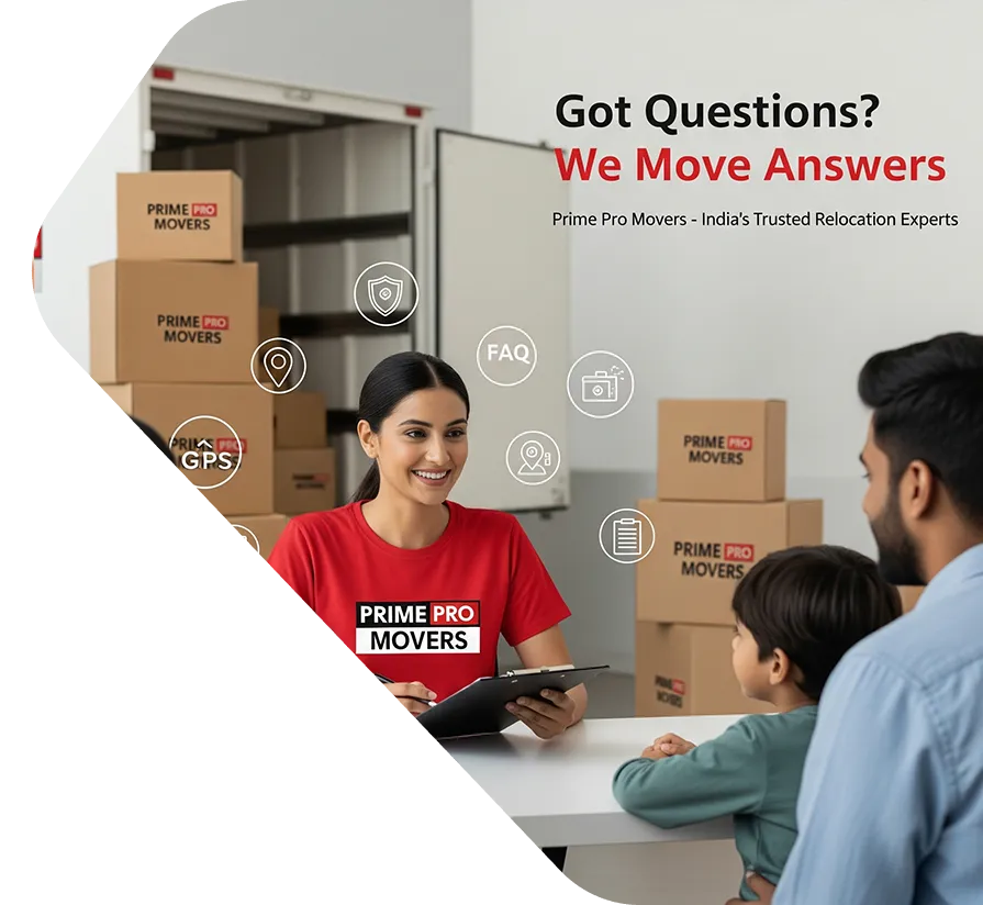 Prime Pro Movers team member assisting customer with FAQ questions beside packed boxes and moving truck