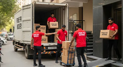 Movers shifting boxes from a high-rise apartment into a truck in Gurugram during household relocation