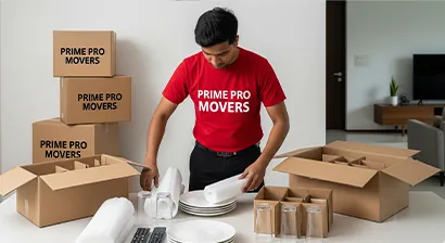 Mover packing fragile kitchen items with foam and dividers during household relocation in Gurugram