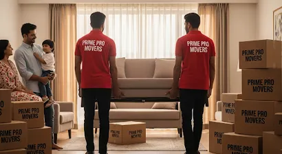 Family watching movers lift sofa and boxes during household relocation in Gurugram apartment