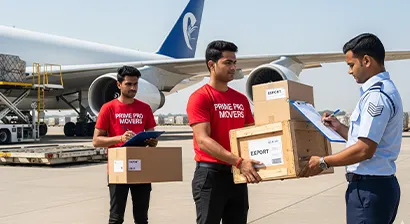Air cargo scene with international freight being handed over by Prime Pro Movers team at Gurugram terminal