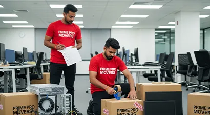 Office relocation team packing computer cables, routers, and tech devices with care in Gurugram
